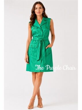 RICKIE FREEMAN TERI JON Sleeveless Emerald Green Silk Belted Trench Dress 10